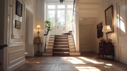 A beautifully lit interior of a grand hallway featuring elegant staircase and tasteful decor. 