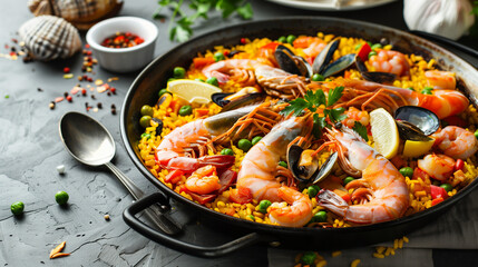 Traditional paella with seafood and saffron