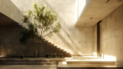 Fototapeta premium A modern, minimalist architectural interior featuring a serene tree, illuminated by soft natural light filtering through concrete walls and stairs. 