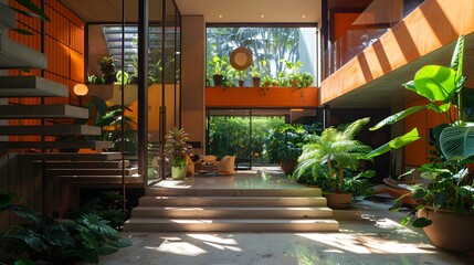 This image features a modern, spacious interior with a tropical garden ambiance, filled with lush plants and natural light. 