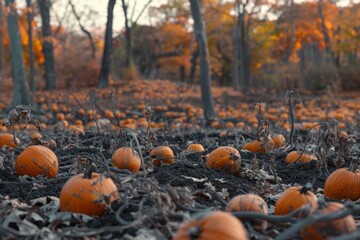 Obraz premium Pumpkin patch in an autumn forest, with numerous pumpkins scattered across the dark soil