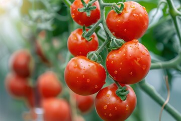 Ripe red tomatoes on the vine with water droplets, set against a blurred green background