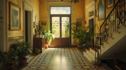 Fototapeta premium A beautifully decorated hallway featuring vibrant plants, vintage artwork, and a classic staircase in a warm, inviting atmosphere. 