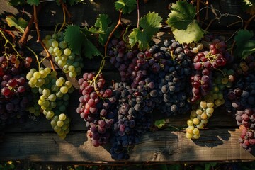 Fototapeta premium Rustic wooden table covered with various bunches of colorful grapes in shades of green, red, and purple, accompanied by grapevine leaves