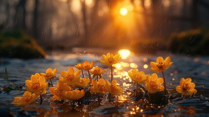 Beautiful yellow crocus flowers in the rain on a spring day nature background