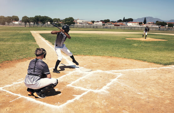 Baseball, pitch and game for man with bat, training and fitness team on field for practice. Coach, teamwork and male athlete people for sports on grass, softball and exercise in stadium in summer