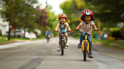 Two children happily riding bicycles