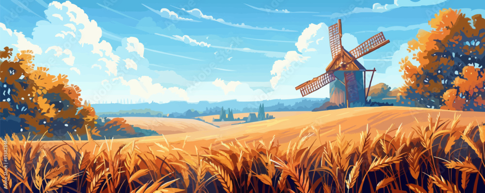 Poster a peaceful countryside scene with a rustic windmill and fields of wheat. vector flat minimalistic is