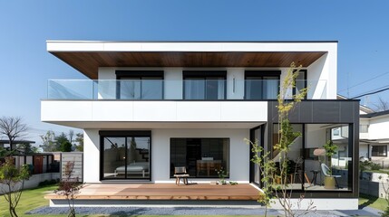 Fototapeta premium Modern Two Storey White House with Wooden Deck and Balcony