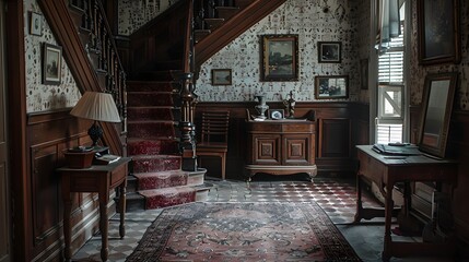 Fototapeta premium A vintage interior scene featuring an ornate staircase, antique furniture, and rich wallpaper, evoking a sense of nostalgia and history. 