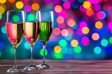 Festive Celebration Background with Three Champagne Glasses and Colorful Bokeh Lights