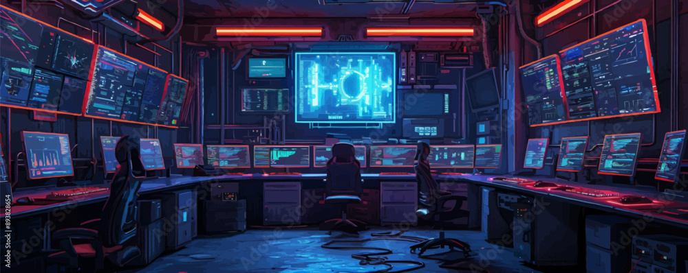 Aufkleber cyberpunk hacker's lair with multiple screens vector flat minimalistic isolated illustration