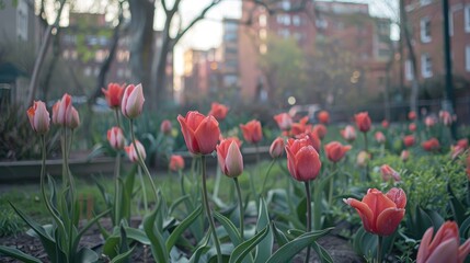 Obraz premium Tulips in a garden greening urban environment