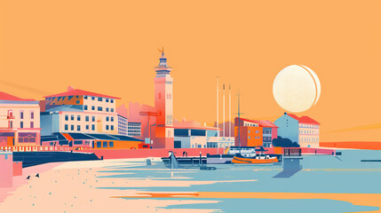 Obraz premium Risograph colorful riso print travel poster, card, wallpaper or banner illustration, modern, isolated, clear, simple of Gijón, Spain. Artistic, screen printing, stencil