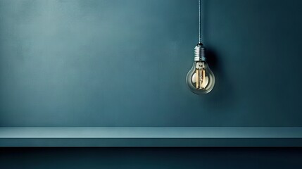   A blue wall with a hanging light bulb on each side