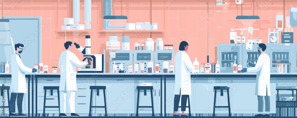 Poster scientists working in a research laboratory with a microscope. vector flat minimalistic isolated ill