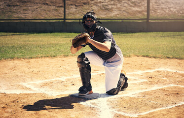 Baseball player, man and catcher with glove on field for game in helmet, safety or contest. Person, sports and ready for pitcher, training or workout for competition, tournament or fitness in summer