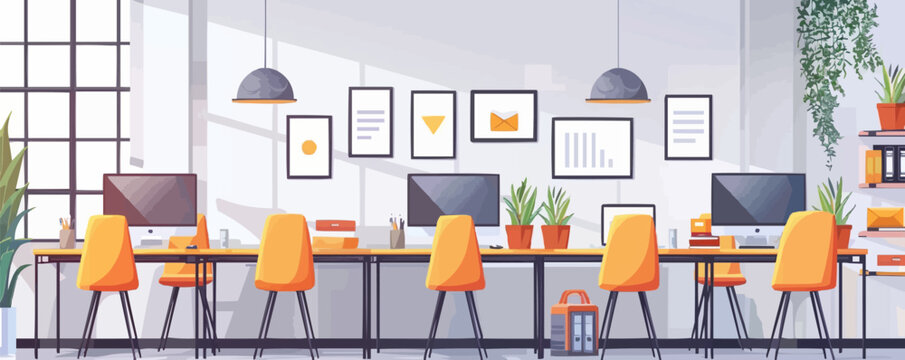 Modern co-working space with open desks and laptops. Vector flat minimalistic isolated illustration.
