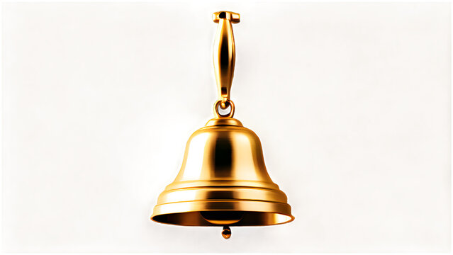 Golden bell with a handle on a white background, isolated and shining with a smooth metallic sheen.
