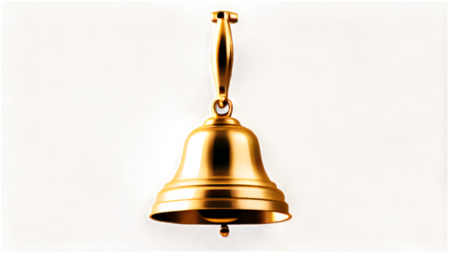 Golden bell with a handle on a white background, isolated and shining with a smooth metallic sheen.
