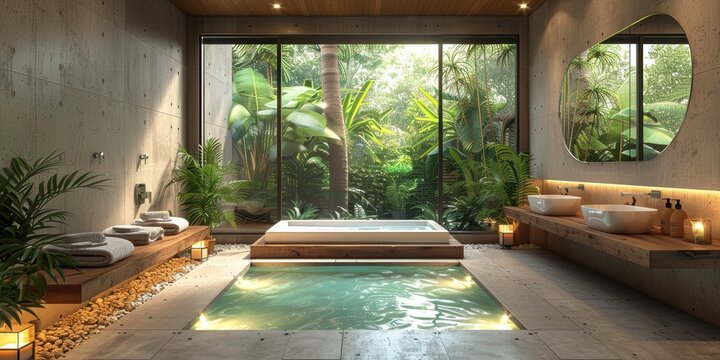 Luxurious Modern Bathroom with Tropical Garden View, Featuring a Sunken Bathtub, Large Windows, and Elegant Wooden Accents for a Relaxing Spa-Like Experience