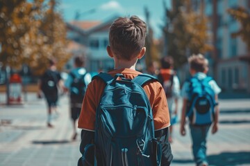Obraz premium Back view of school pupils with backpacks walking to school building
