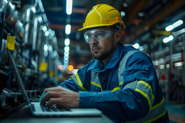 Fototapeta premium Engineer Monitoring Smart Factory Process Automation on Laptop in Modern Industrial Plant 