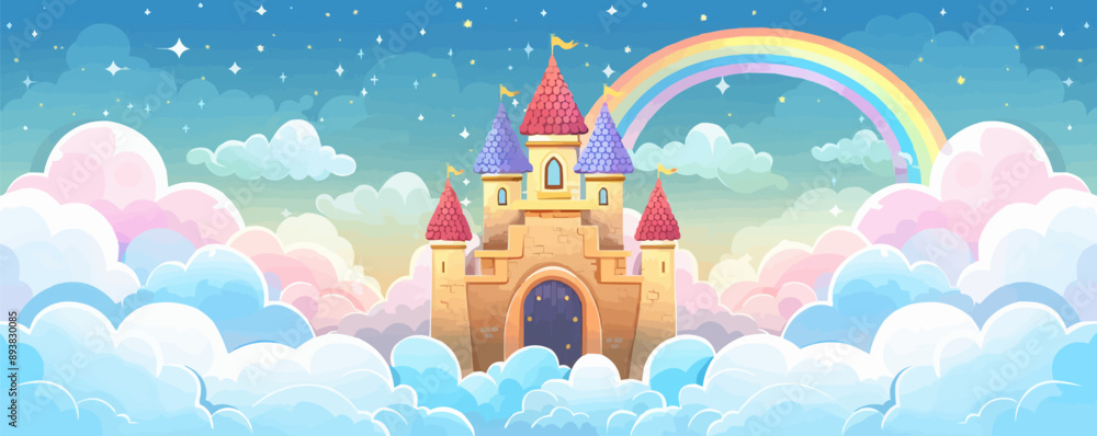 Poster a mystical castle floating in the clouds with a rainbow bridge leading to its gates. vector flat min