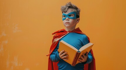 Cute little boy dressed as superhero with book on orange background. Library Lovers Day.