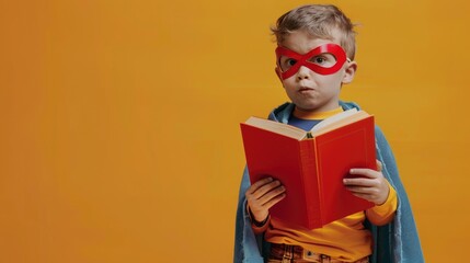 Fototapeta premium Cute little boy dressed as superhero with book on orange background. Library Lovers Day.