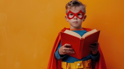 Cute little boy dressed as superhero with book on orange background. Library Lovers Day.