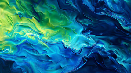 Obraz premium Abstract fluid art background with flowing colors of indigo, cyan, and lime green, forming a mesmerizing and organic pattern