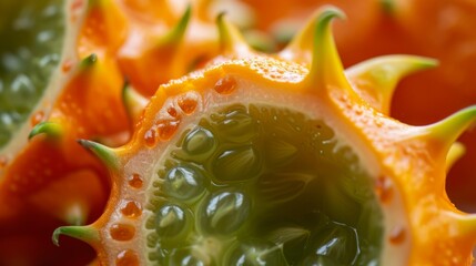 Sliced kiwano fruit, displaying its vibrant orange skin and green interior
