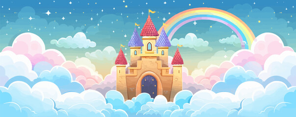 A mystical castle floating in the clouds with a rainbow bridge leading to its gates. Vector flat minimalistic isolated illustration.