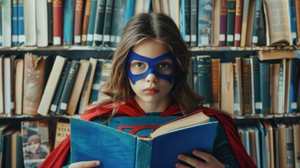 Cute teenage girl dressed as superhero with books on grey background. Library Lovers Day.