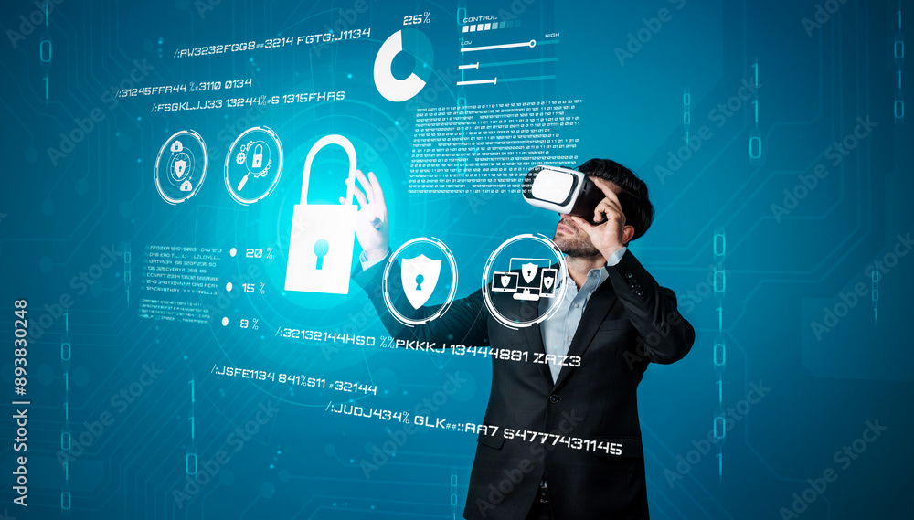 Poster caucasian project manager wearing vr glasses while look at hologram of security system. smart busine