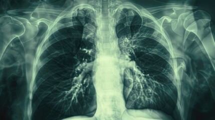 Film Chest x-ray finding Interstitial pulmonary infiltration both lungs and Normal heart size and bony thorax.Medical healthcare concept.