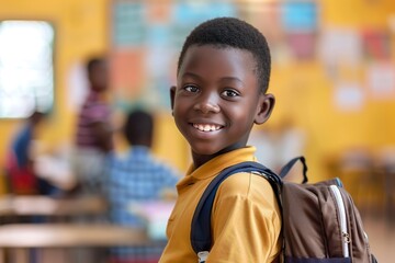 Fototapeta premium American african school boy with backpack on blurred classroom background