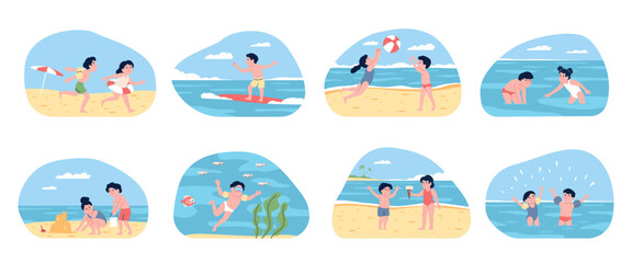 Children beach activities. Kids play in various games on summer vacations near sea or ocean. Childish seasonal recreation, recent vector scenes