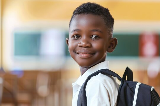 American african school boy with backpack on blurred classroom background