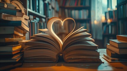 Love story book with open page of literature in heart shape and stack piles of textbooks on reading desk in library, school study room for national library lovers month and education learning concept.
