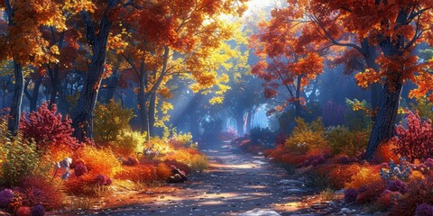 Enchanting Autumn Forest Path with Vibrant Foliage and Sunlight Filtering Through Trees