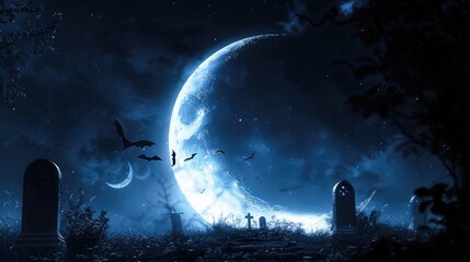 Naklejka premium Crescent moon bright silver, ethereal glow, black background, bats flying, gravestones, cool blue and purple highlights. Crescent moon black background halloween