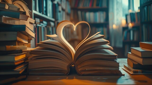 Love story book with open page of literature in heart shape and stack piles of textbooks on reading desk in library, school study room for national library lovers month and education learning concept. - Powered by Adobe