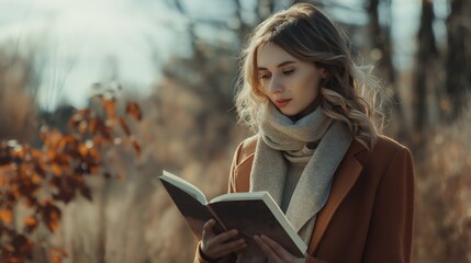 Fototapeta premium Woman reading paperback book outdoors.