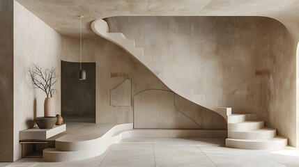This image features a minimalistic and elegant interior space with smooth, curved architectural lines, natural materials, and a serene atmosphere. 
