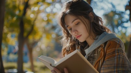 Obraz premium Woman reading paperback book outdoors.