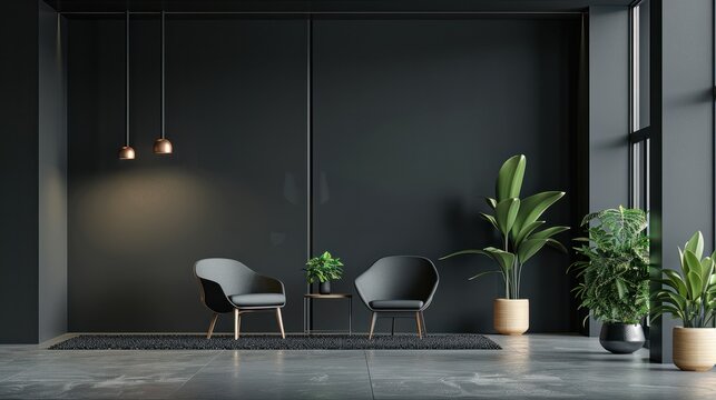 An inviting agency wall for a zoom call background with modern furniture and plants, dark grey wall color