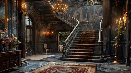 A luxurious and ornate foyer featuring a grand staircase, elegant chandeliers, and rich decor. 