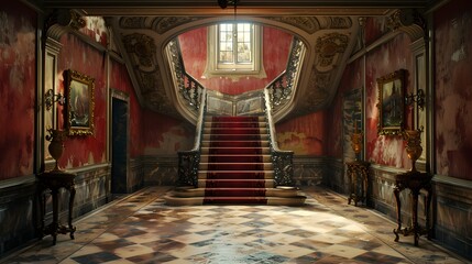 Obraz premium A grand, vintage staircase in an elegantly decaying hallway featuring ornate decorations and warm lighting creates a captivating historical atmosphere. 